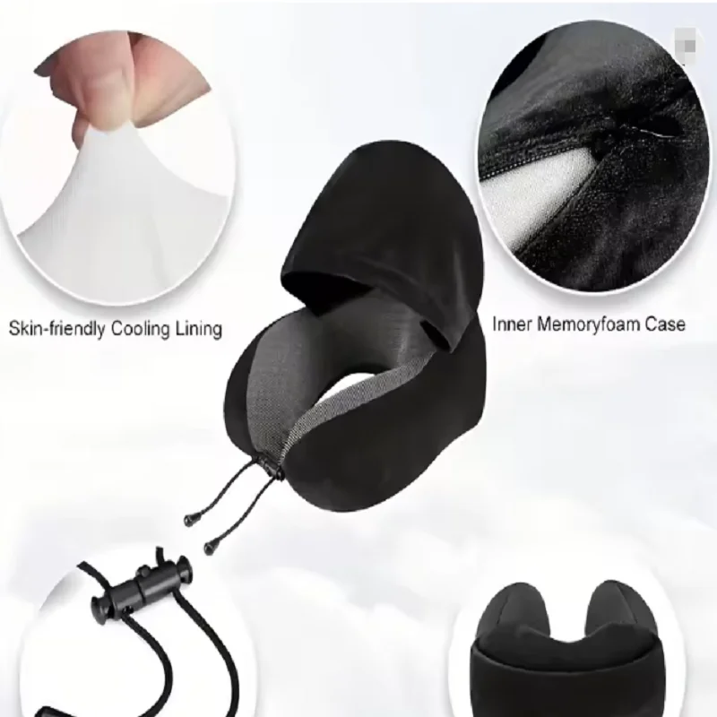 Hooded Memory Foam Travel Neck Pillow, Soft Milk Velvet U-Shaped Neck Support Cushion with Storage Bag for Airplane Car Trip