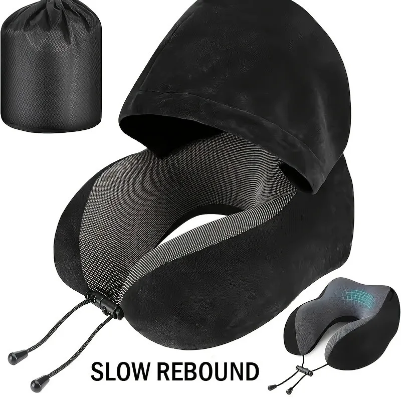 Hooded Memory Foam Travel Neck Pillow, Soft Milk Velvet U-Shaped Neck Support Cushion with Storage Bag for Airplane Car Trip