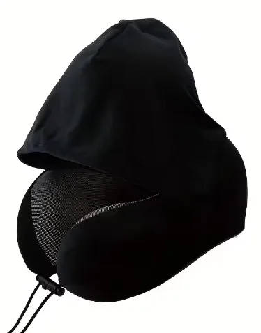 Hooded Memory Foam Travel Neck Pillow, Soft Milk Velvet U-Shaped Neck Support Cushion with Storage Bag for Airplane Car Trip