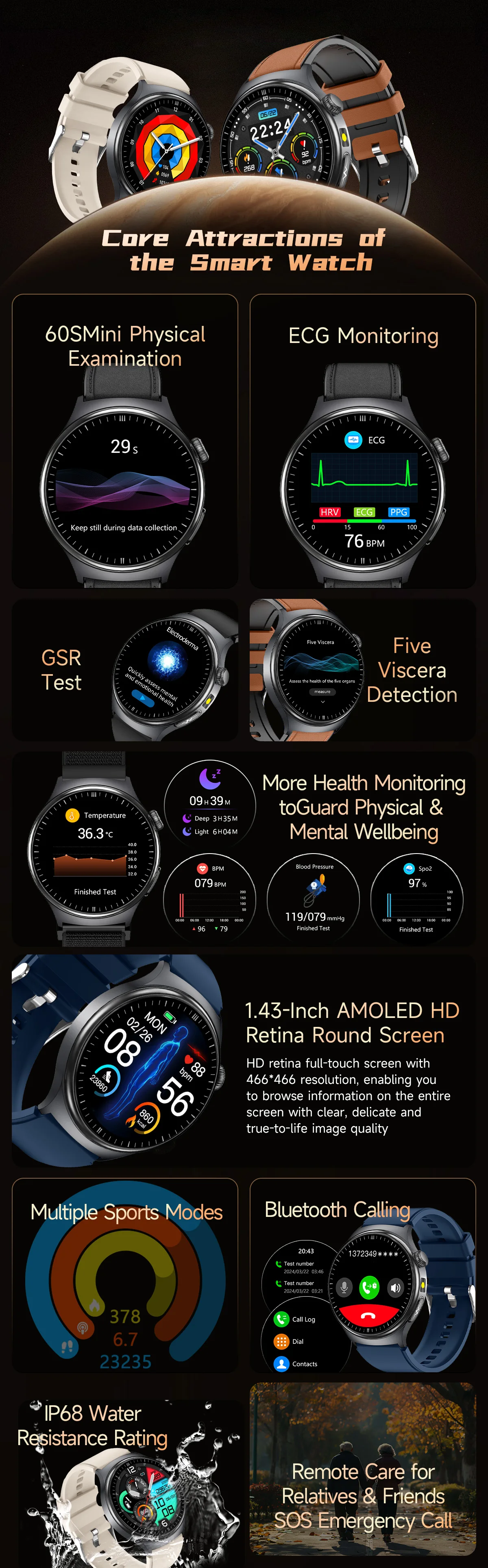 2026 New AI-Diagnosis Care Smartwatch ECG+PPG Accurate Uric Acid Blood Pressure Body Fat Five Organ Fitness Waterproof Smartwatc