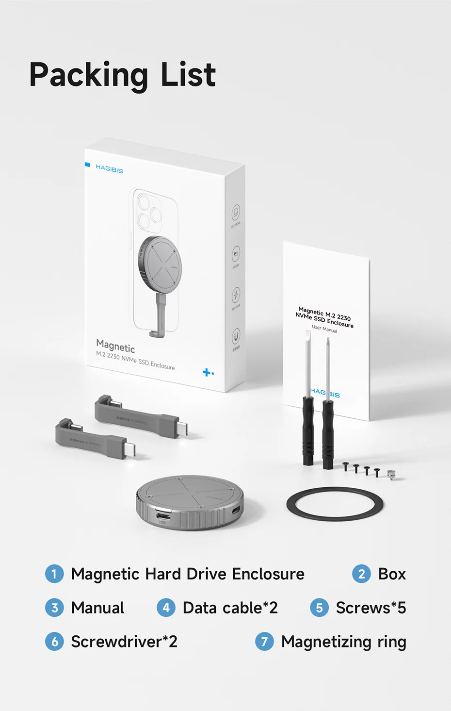 Hagibis Magnetic M.2 2230 NVMe SSD Enclosure SSD Case USB C 3.2 Gen2 to NVMe PCI-E for iPhone 16 Pro 17 ProRes Magsafe MacBook