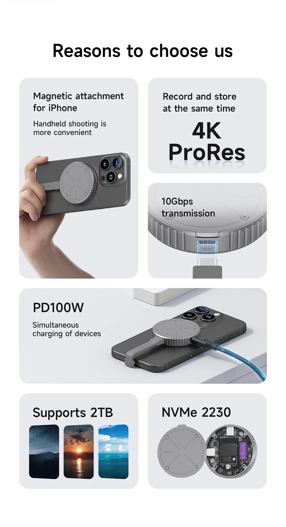 Hagibis Magnetic M.2 2230 NVMe SSD Enclosure SSD Case USB C 3.2 Gen2 to NVMe PCI-E for iPhone 16 Pro 17 ProRes Magsafe MacBook