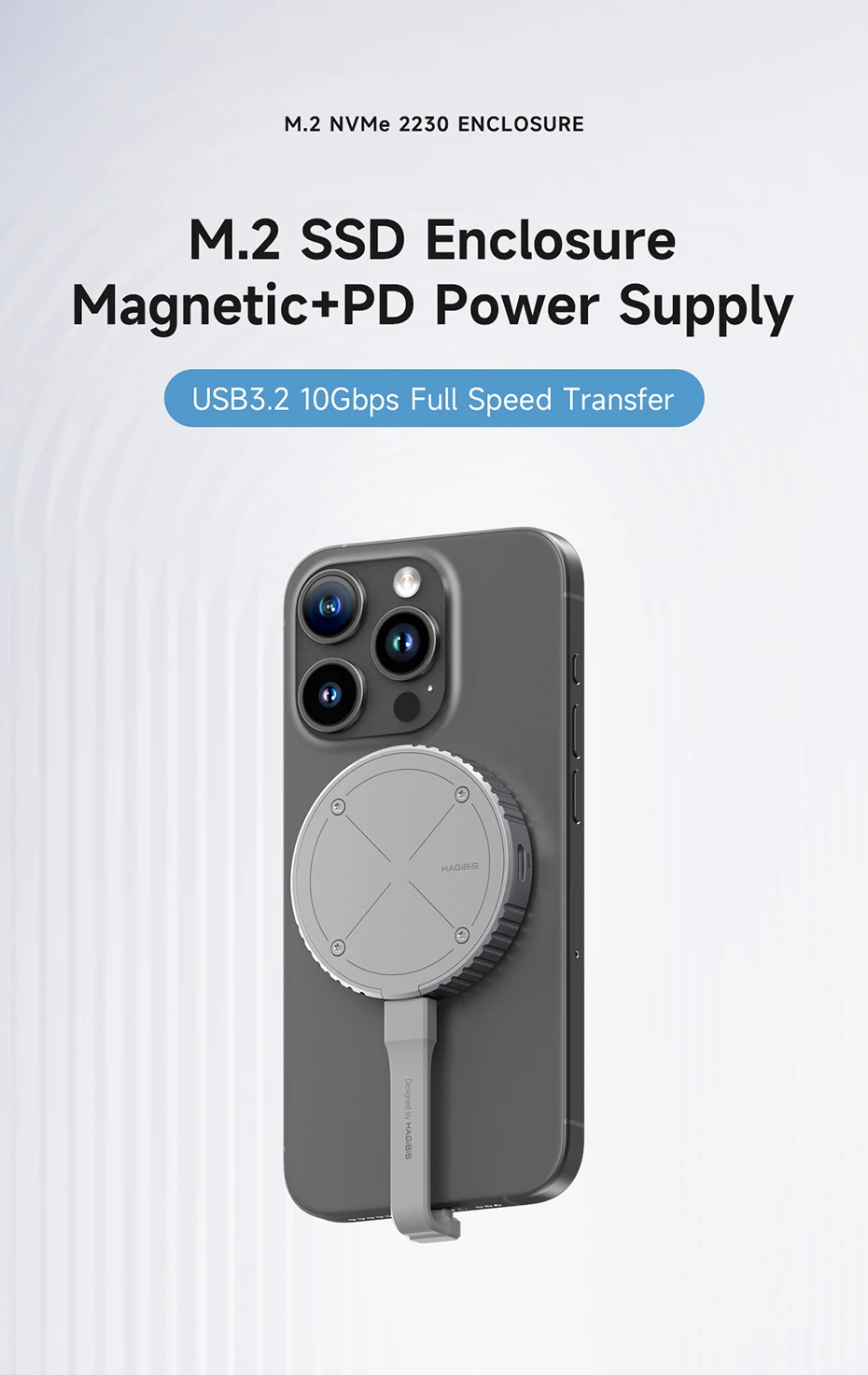 Hagibis Magnetic M.2 2230 NVMe SSD Enclosure SSD Case USB C 3.2 Gen2 to NVMe PCI-E for iPhone 16 Pro 17 ProRes Magsafe MacBook