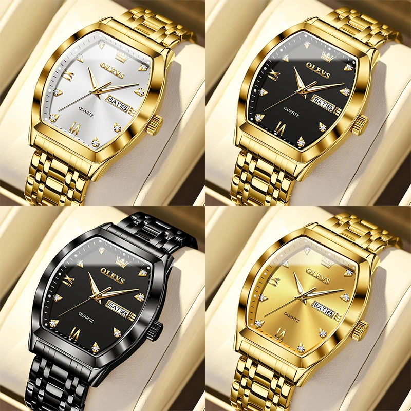 OLEVS Men's Watches Luxury Tonneau Original Top Brand Quartz Watch for Men Waterproof Luminous Week Date Male Wristwatch