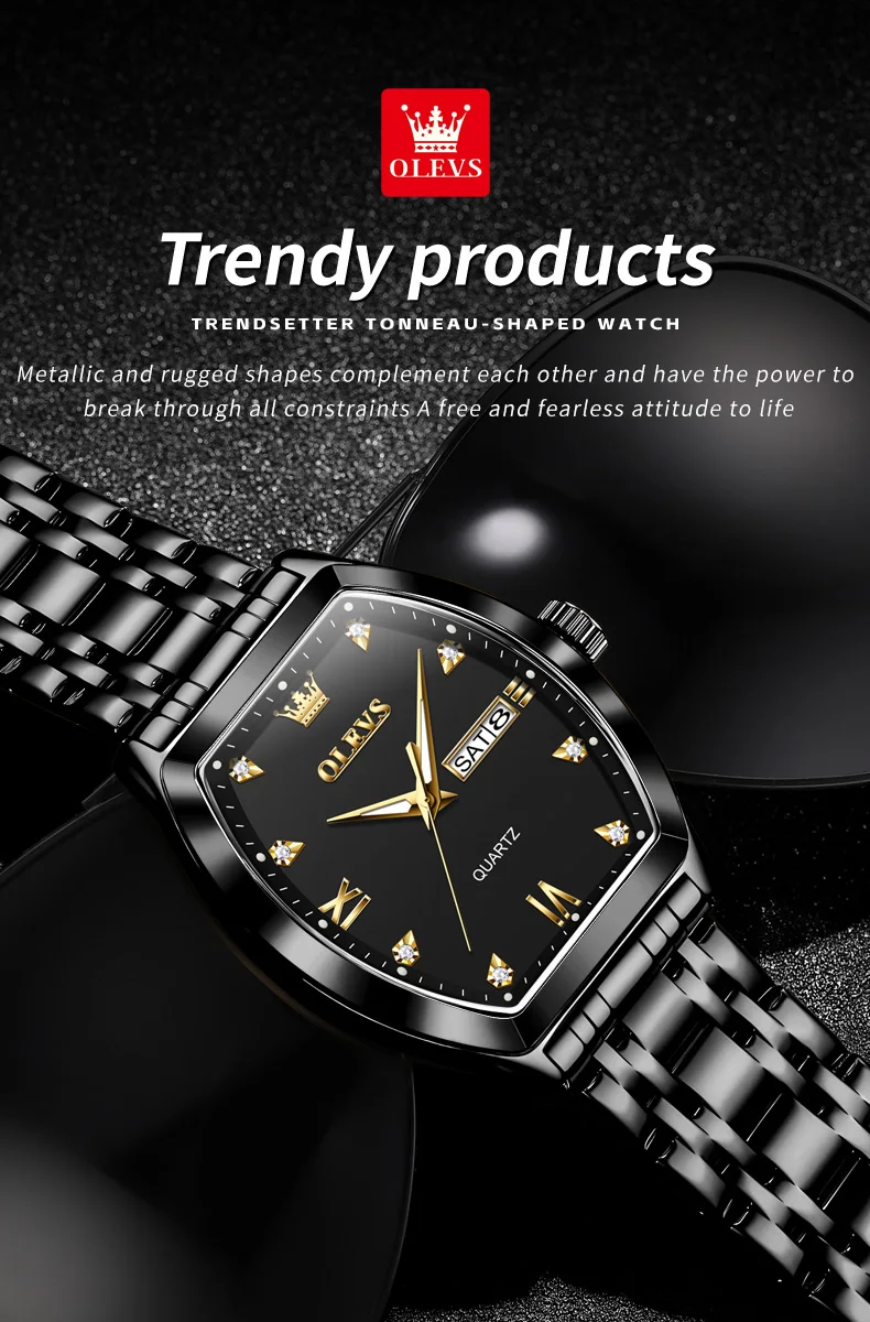 OLEVS Men's Watches Luxury Tonneau Original Top Brand Quartz Watch for Men Waterproof Luminous Week Date Male Wristwatch
