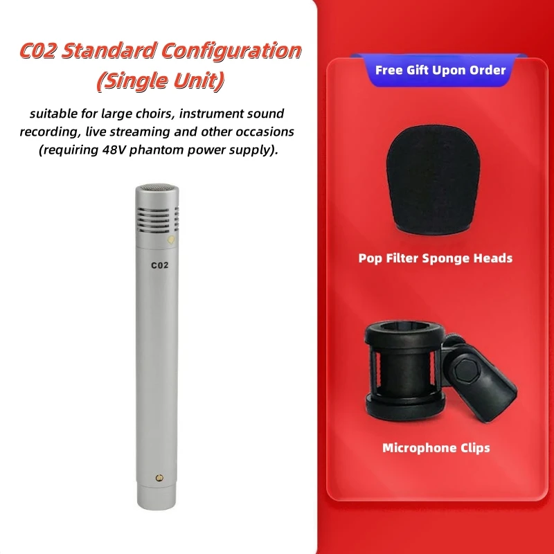 C02 Condenser Small-Diaphragm Suspension Microphone Pencil Type Mic with Shockproof Clip Piano Recording C02 Audio Instrument