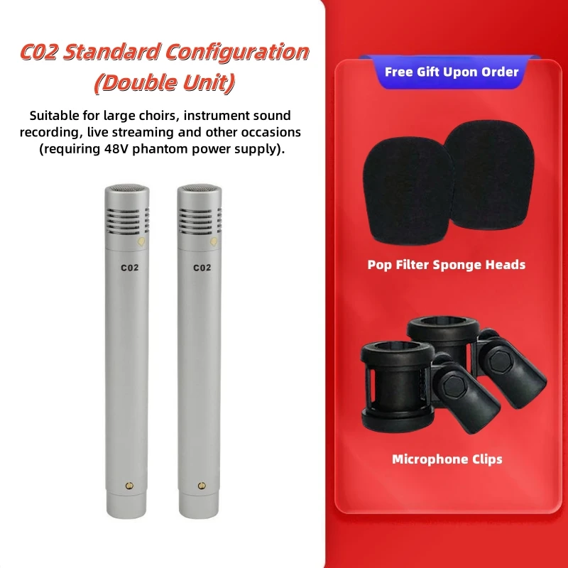 C02 Condenser Small-Diaphragm Suspension Microphone Pencil Type Mic with Shockproof Clip Piano Recording C02 Audio Instrument