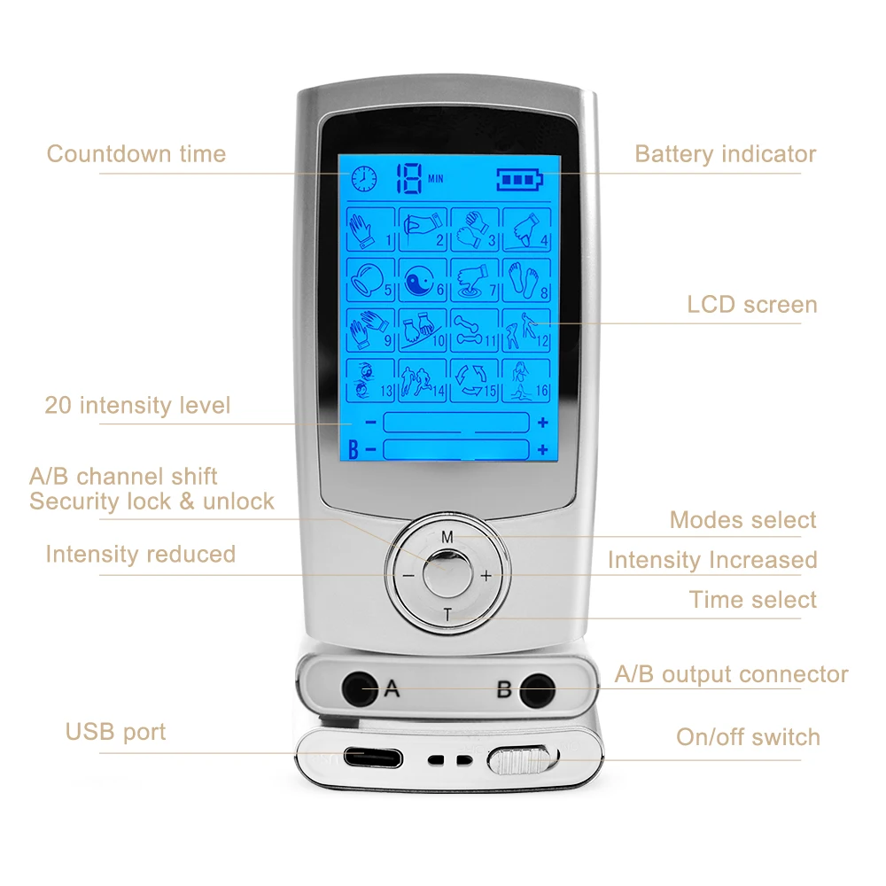 Tens Unit EMS Muscle Stimulator 16 Modes 2 Output Channel Electric Acupuncture Body Massager Electrostimulator Slimming Machine