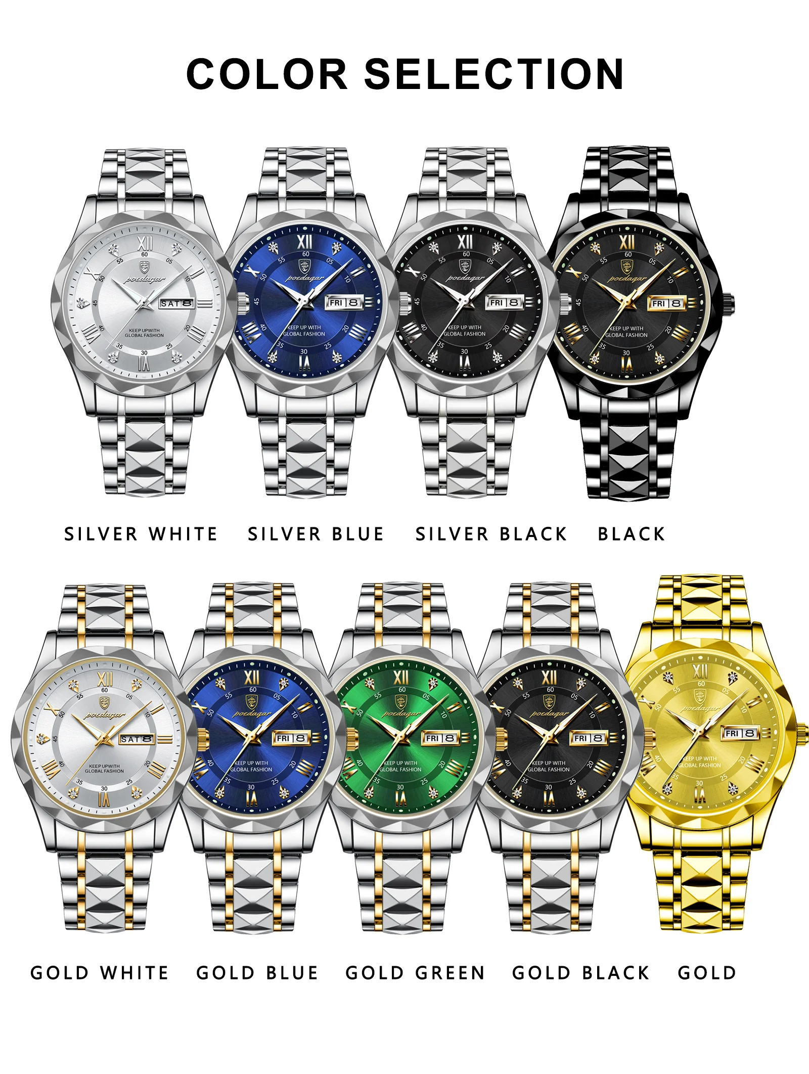 POEDAGAR Business Luxury Men's Watches Waterproof Stainless Steel Luminous Man Wristwatch Date Week Sport Men Quartz Watch Reloj