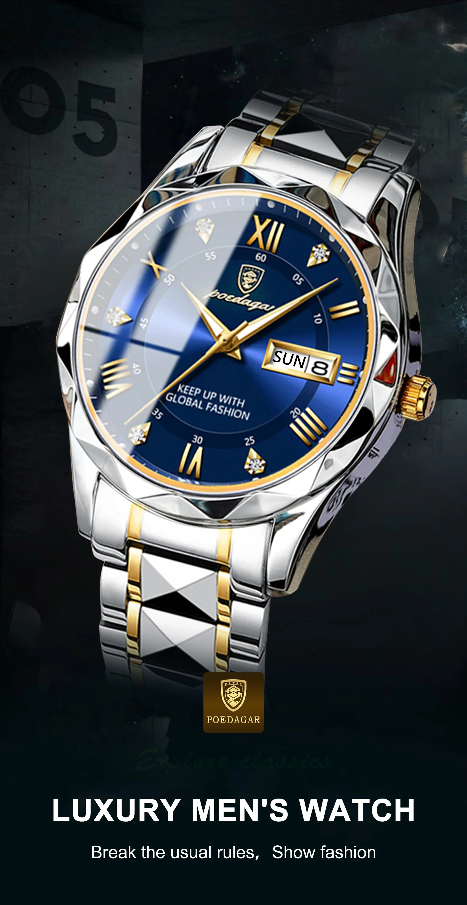 POEDAGAR Business Luxury Men's Watches Waterproof Stainless Steel Luminous Man Wristwatch Date Week Sport Men Quartz Watch Reloj