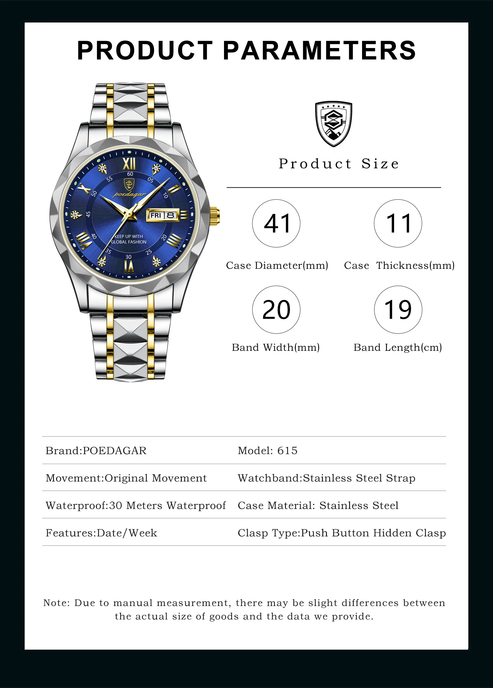 POEDAGAR Business Luxury Men's Watches Waterproof Stainless Steel Luminous Man Wristwatch Date Week Sport Men Quartz Watch Reloj