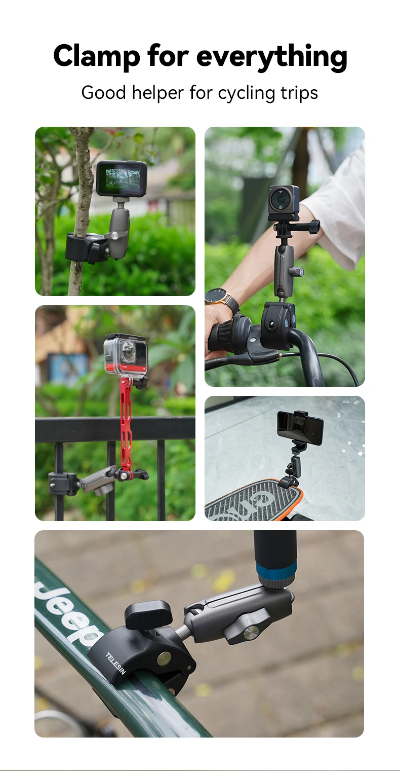 TELESIN Camera Clamp Mount Bike Motorcycle Handlebar Aluminum Alloy Super Clamp Holder Clip For Camera GoPro DJI OSMO Insta360