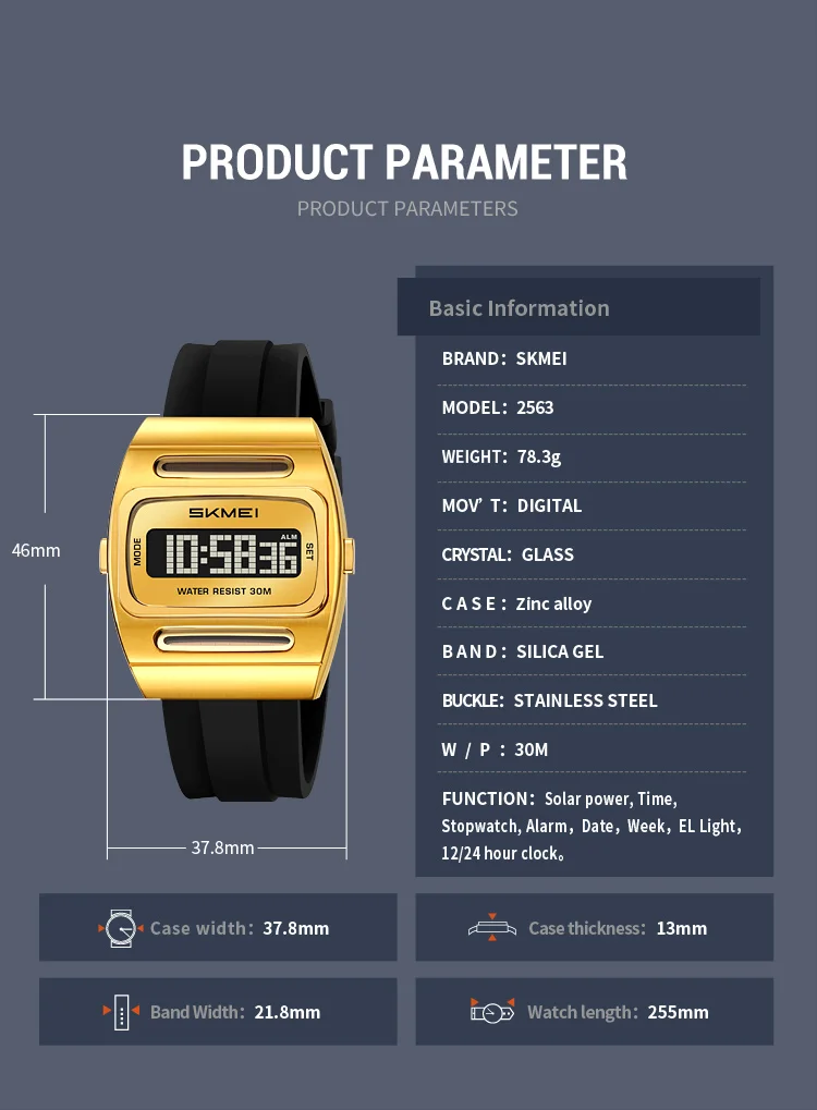 SKMEI 2563 Brand Men Electronic Watch New Fashion Alarm Clock Calendar Solar Energy Luminous Electronic Digital Watches for Man