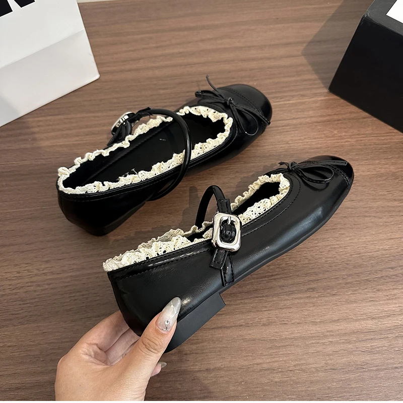Spring Lace Women Flats Mary Jane Shoes Round Toe Shallow Ladies Casual Ballet Style Shoes Soft Leather Eelgant Dress Shoes