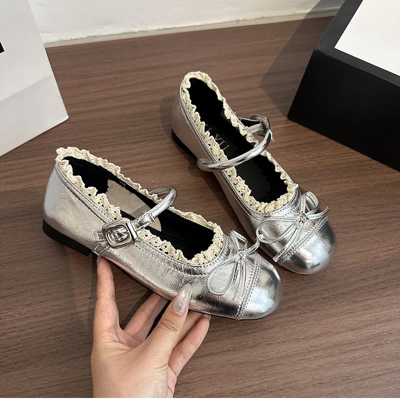 Spring Lace Women Flats Mary Jane Shoes Round Toe Shallow Ladies Casual Ballet Style Shoes Soft Leather Eelgant Dress Shoes
