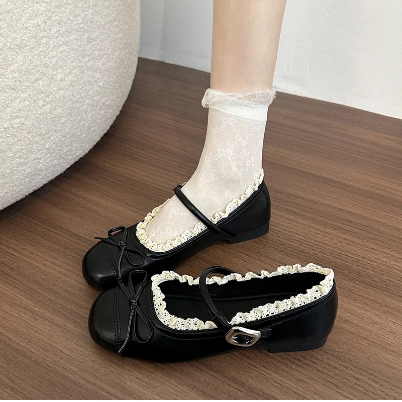 Spring Lace Women Flats Mary Jane Shoes Round Toe Shallow Ladies Casual Ballet Style Shoes Soft Leather Eelgant Dress Shoes
