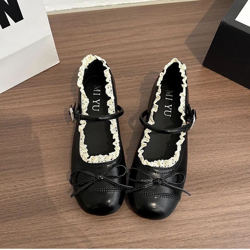 Spring Lace Women Flats Mary Jane Shoes Round Toe Shallow Ladies Casual Ballet Style Shoes Soft Leather Eelgant Dress Shoes