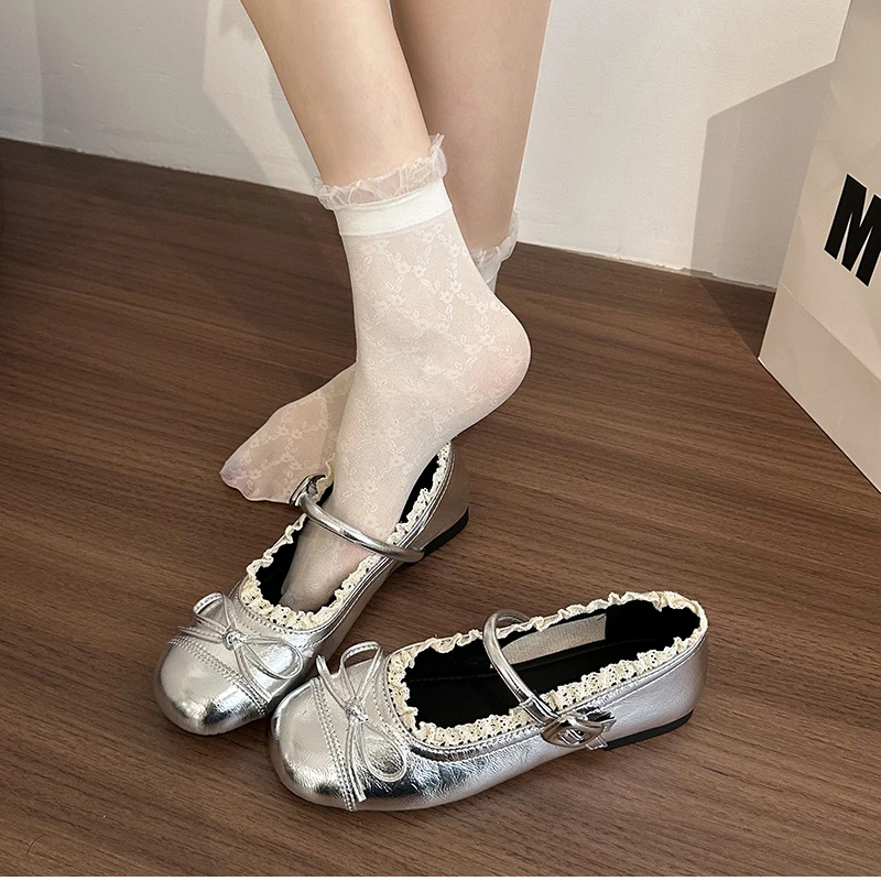 Spring Lace Women Flats Mary Jane Shoes Round Toe Shallow Ladies Casual Ballet Style Shoes Soft Leather Eelgant Dress Shoes