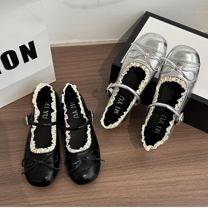 Spring Lace Women Flats Mary Jane Shoes Round Toe Shallow Ladies Casual Ballet Style Shoes Soft Leather Eelgant Dress Shoes