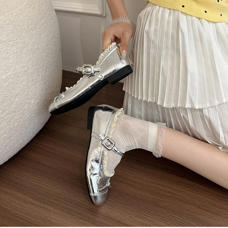 Spring Lace Women Flats Mary Jane Shoes Round Toe Shallow Ladies Casual Ballet Style Shoes Soft Leather Eelgant Dress Shoes