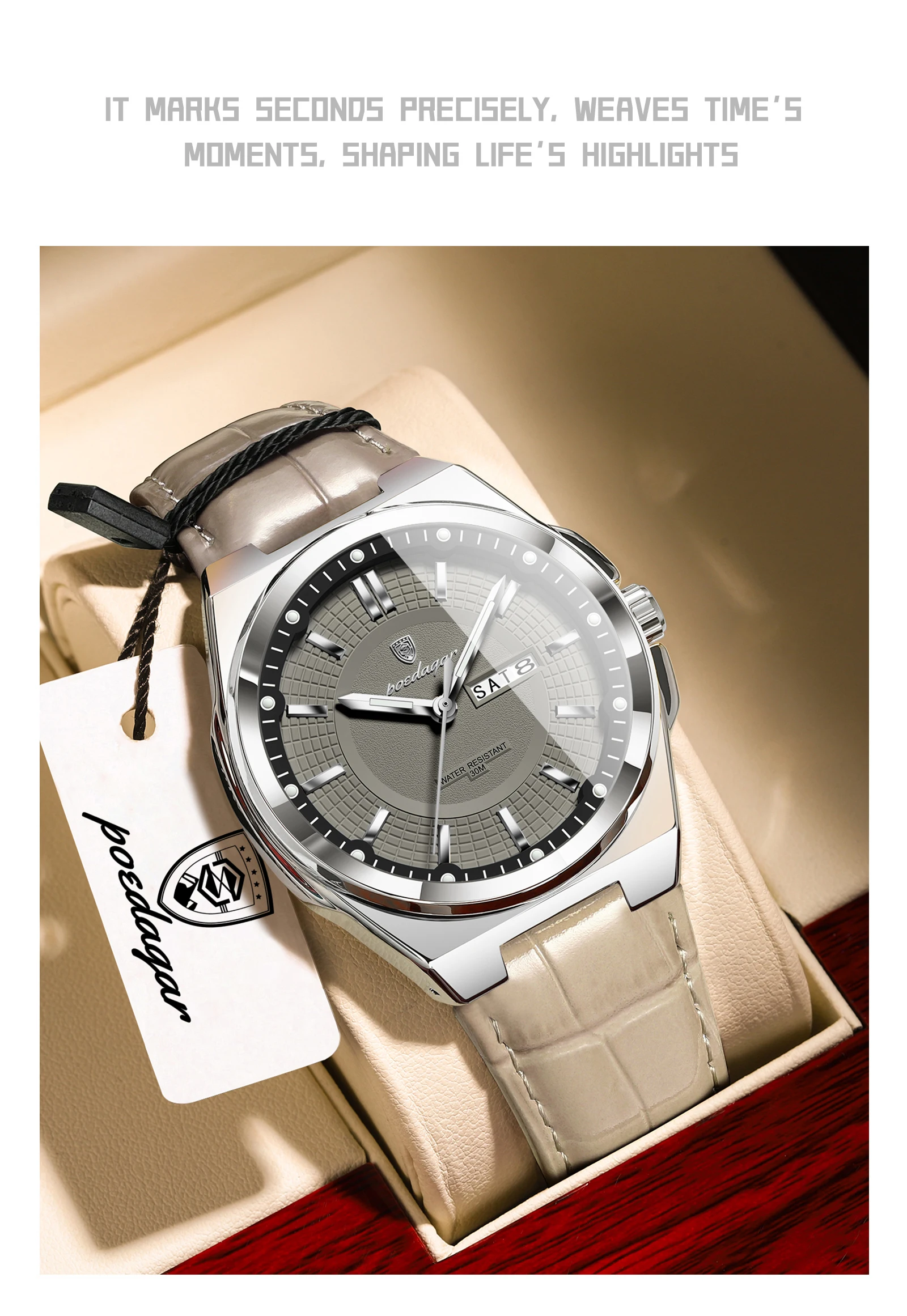 POEDAGAR Top Fashion Male Wristwatch Waterproof Luminous Date Week Men Watch Business Leather Quartz Men's Watches Reloj Hombre