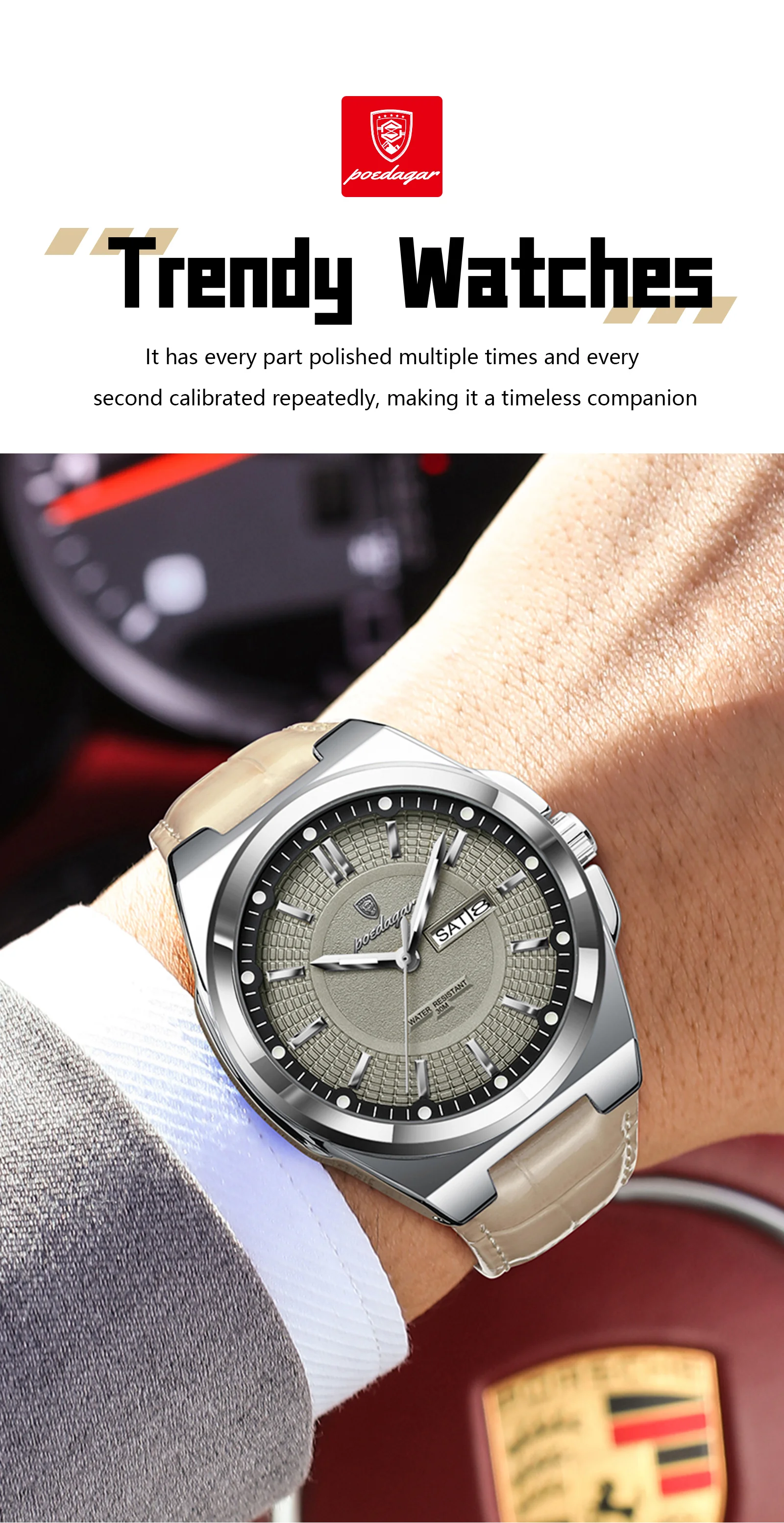 POEDAGAR Top Fashion Male Wristwatch Waterproof Luminous Date Week Men Watch Business Leather Quartz Men's Watches Reloj Hombre