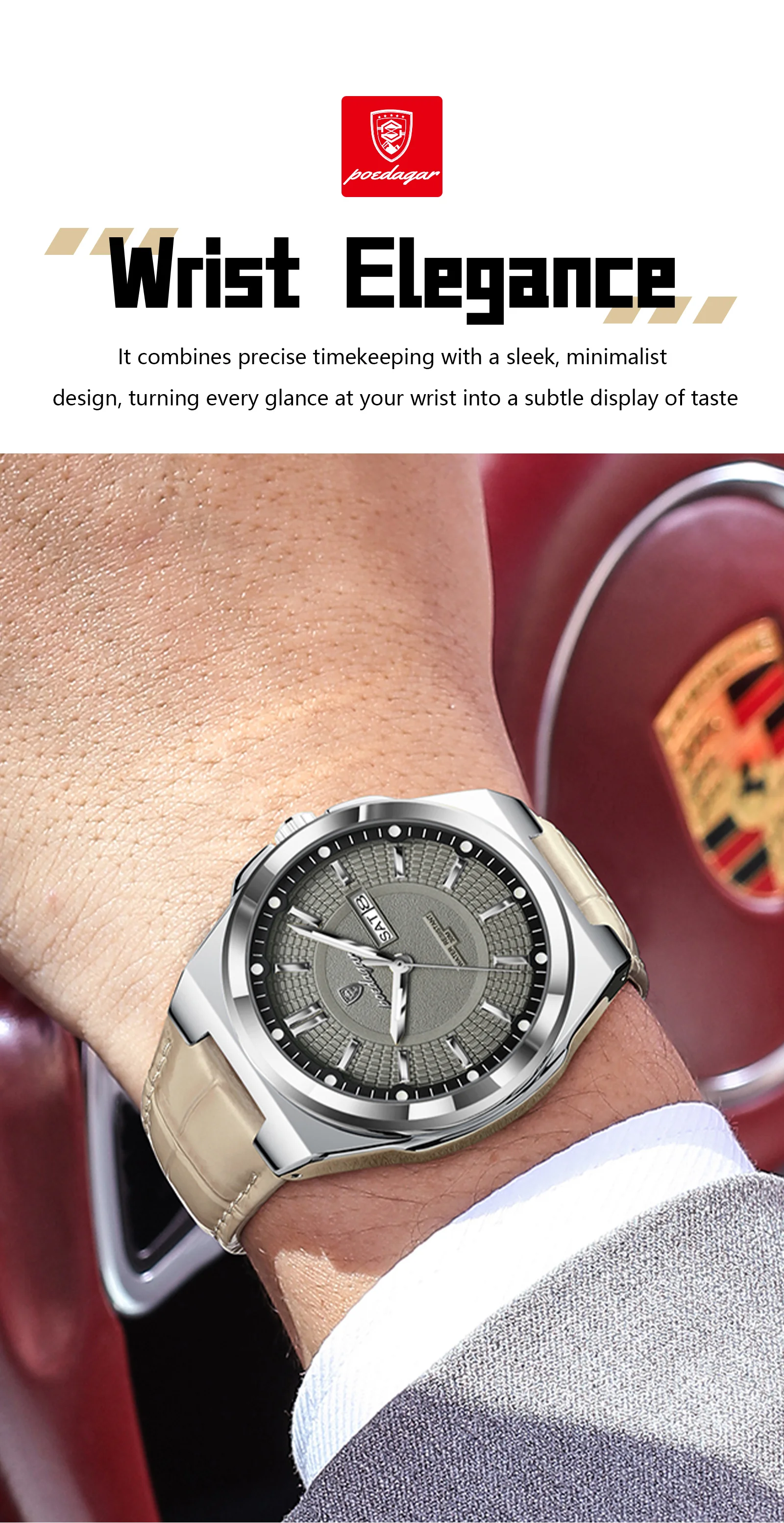 POEDAGAR Top Fashion Male Wristwatch Waterproof Luminous Date Week Men Watch Business Leather Quartz Men's Watches Reloj Hombre