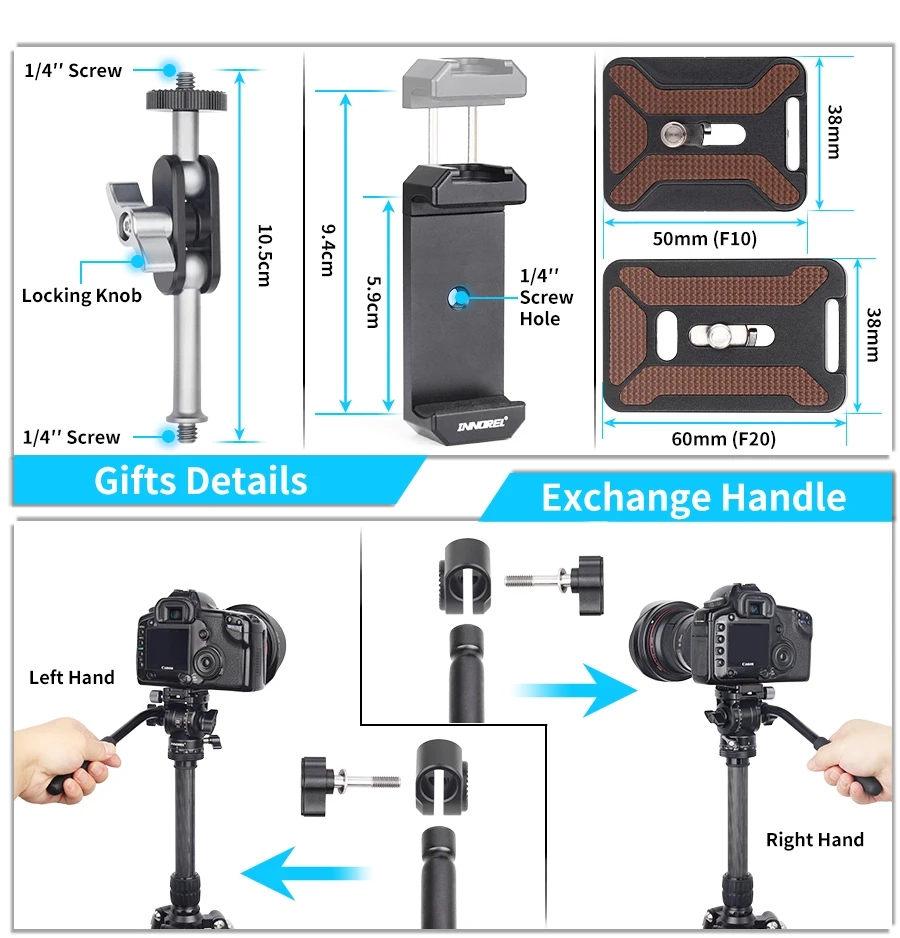 INNOREL F10/F20 Mini Tripod Fluid Head Tilt Head,Metal Camera Video Tripod Head with Arca Swiss Q.R.Plates for Video DSLR Camera