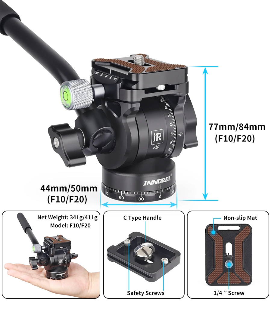 INNOREL F10/F20 Mini Tripod Fluid Head Tilt Head,Metal Camera Video Tripod Head with Arca Swiss Q.R.Plates for Video DSLR Camera
