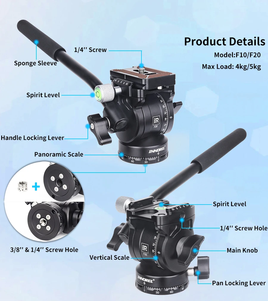 INNOREL F10/F20 Mini Tripod Fluid Head Tilt Head,Metal Camera Video Tripod Head with Arca Swiss Q.R.Plates for Video DSLR Camera