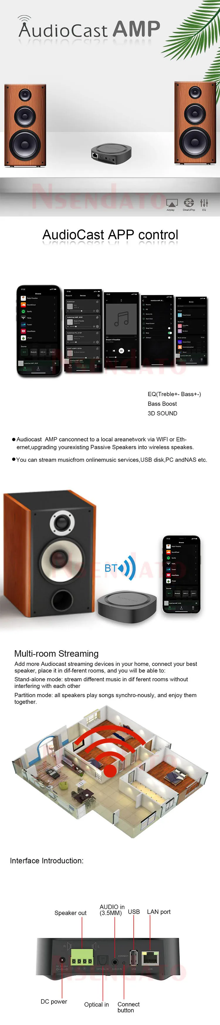 IEAST Audiocast AMP50 Wireless WiFi & BT V5.0 Amplifier Multi Room Audio Music Receiver Adapter For Airplay DLNA Speakers Mic TV