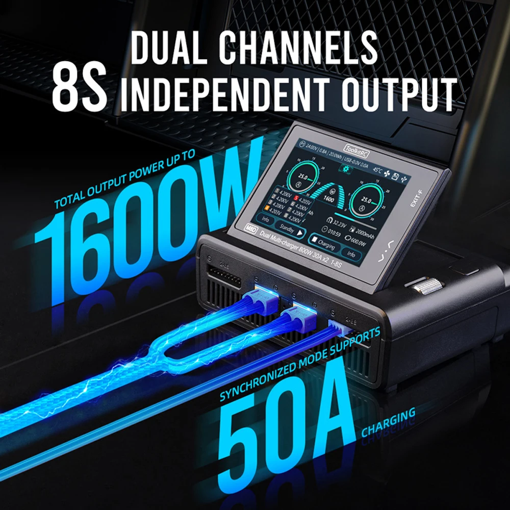 ToolkitRC M8D Smart Charger 2CH Touch Screen Dual Channel DC800W*2 30A 1-8S Lithium Battery Fast Charge RC Model Car FPV