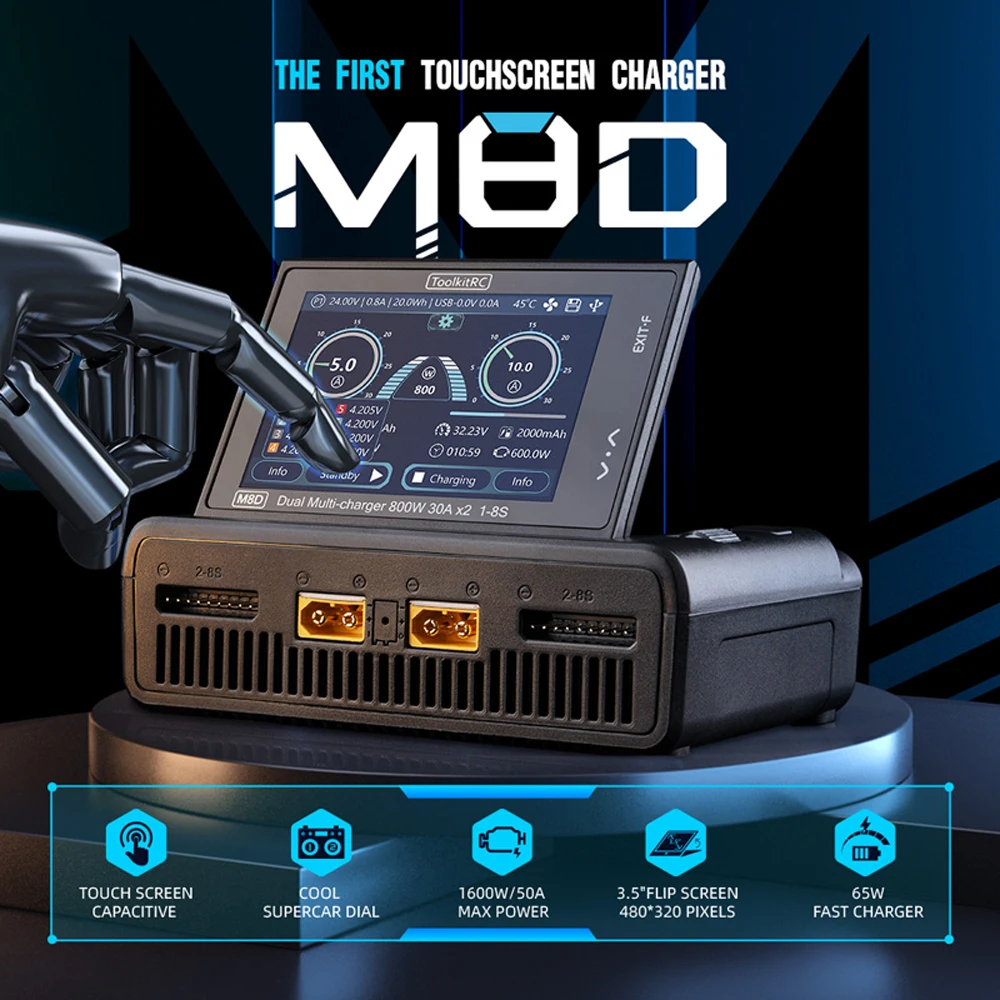 ToolkitRC M8D Smart Charger 2CH Touch Screen Dual Channel DC800W*2 30A 1-8S Lithium Battery Fast Charge RC Model Car FPV
