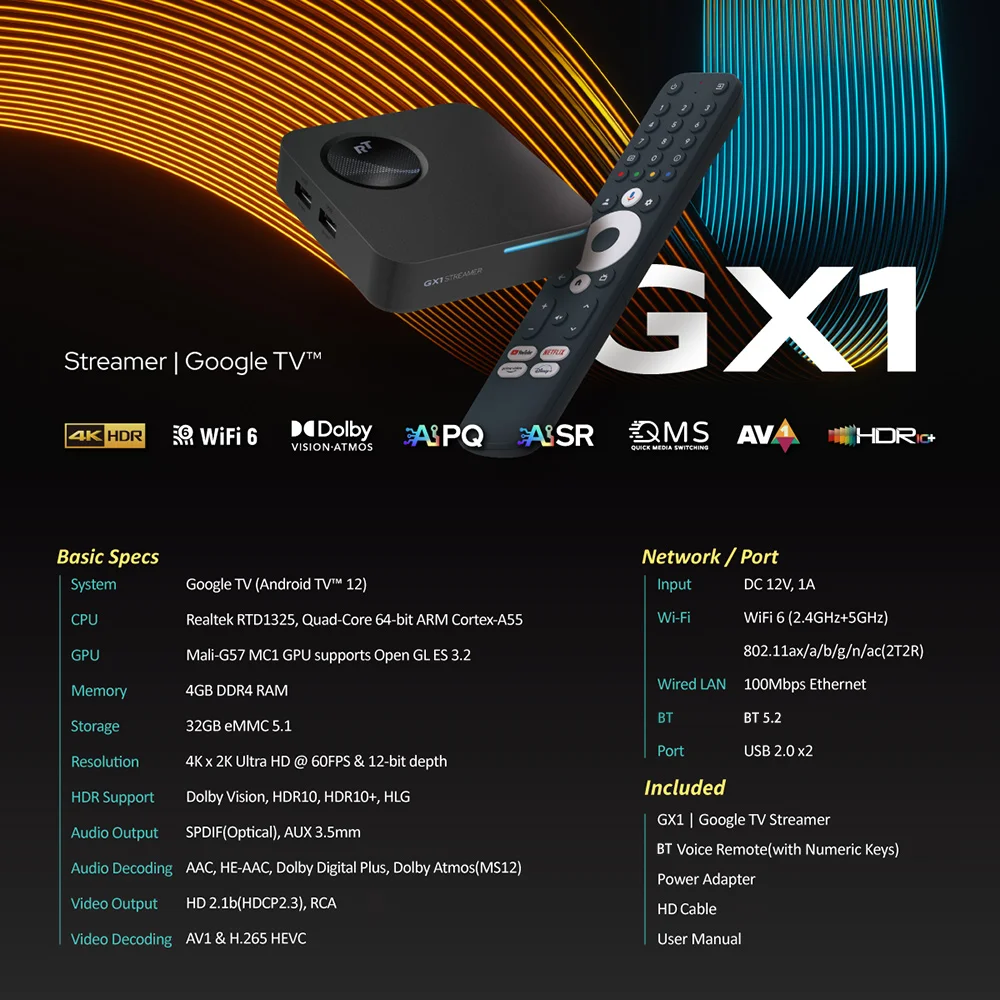 RockTek GX1 UHD Google TV 14 Box Netflix Google Certified 4GB 32G Realtek1325 Support Dolby Atmos 2T2R Wifi6 BT5.2 Android TVBox