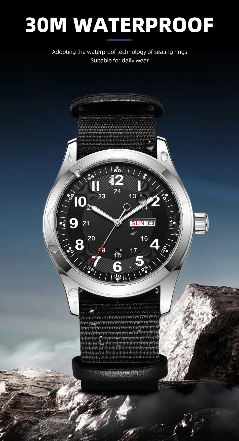 2026 Men's 42mm Watch Glow in the Dark Luminous Dial Day Date Green Canvas Strap 30M Water Proof Field Watch Khaki Strap