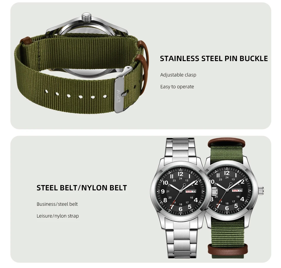 2026 Men's 42mm Watch Glow in the Dark Luminous Dial Day Date Green Canvas Strap 30M Water Proof Field Watch Khaki Strap
