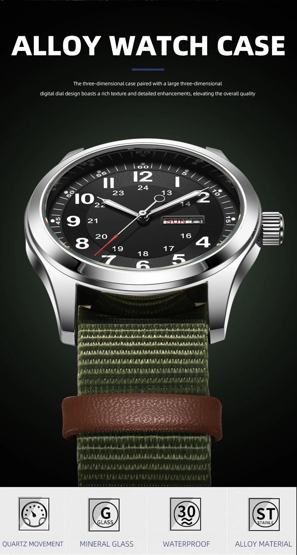 2026 Men's 42mm Watch Glow in the Dark Luminous Dial Day Date Green Canvas Strap 30M Water Proof Field Watch Khaki Strap