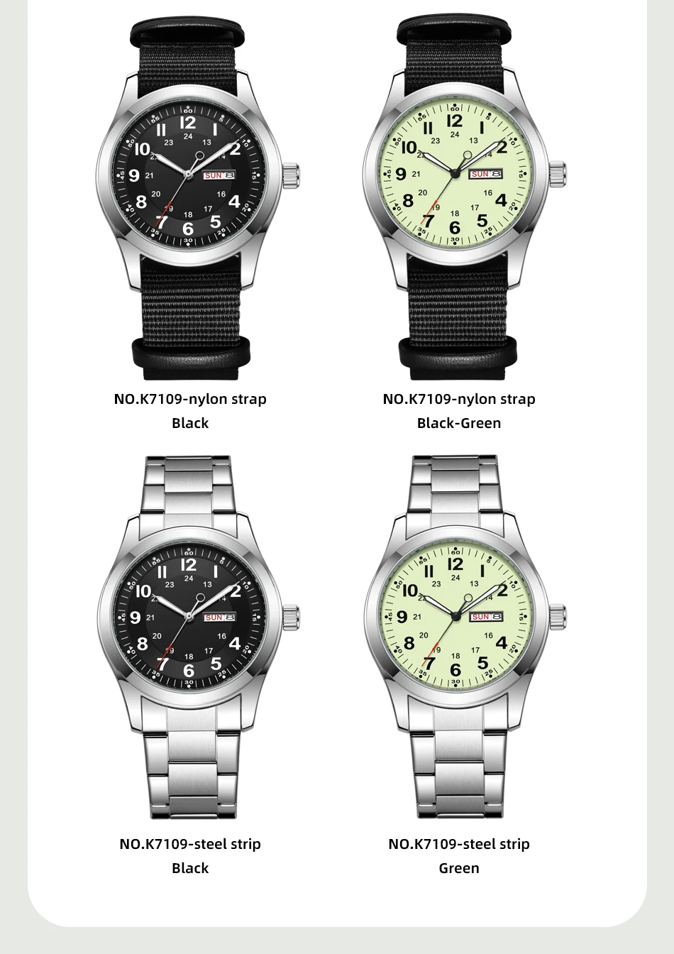 2026 Men's 42mm Watch Glow in the Dark Luminous Dial Day Date Green Canvas Strap 30M Water Proof Field Watch Khaki Strap