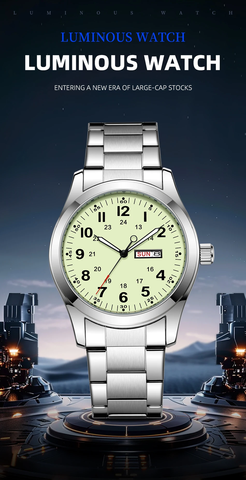 2026 Men's 42mm Watch Glow in the Dark Luminous Dial Day Date Green Canvas Strap 30M Water Proof Field Watch Khaki Strap
