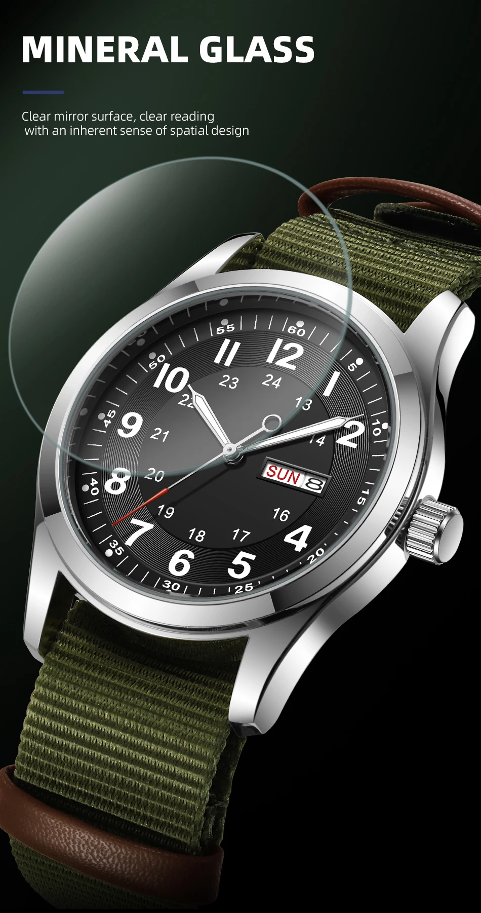 2026 Men's 42mm Watch Glow in the Dark Luminous Dial Day Date Green Canvas Strap 30M Water Proof Field Watch Khaki Strap