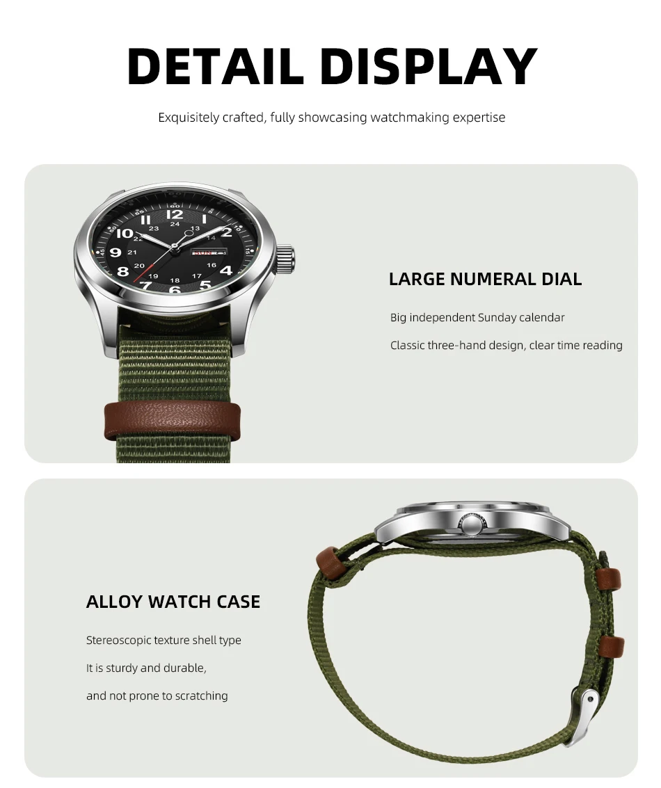 2026 Men's 42mm Watch Glow in the Dark Luminous Dial Day Date Green Canvas Strap 30M Water Proof Field Watch Khaki Strap
