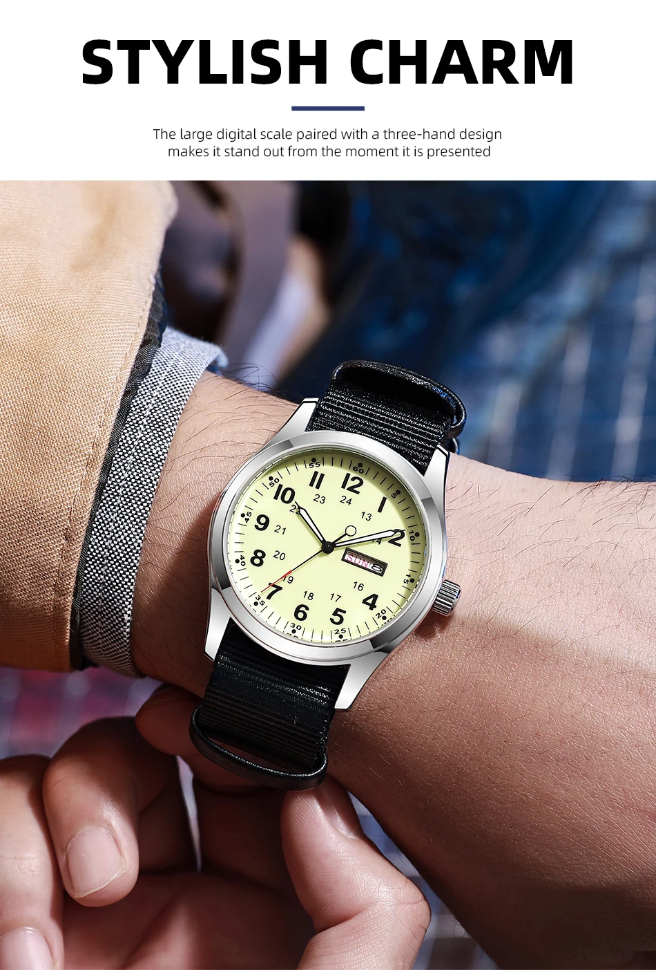 2026 Men's 42mm Watch Glow in the Dark Luminous Dial Day Date Green Canvas Strap 30M Water Proof Field Watch Khaki Strap