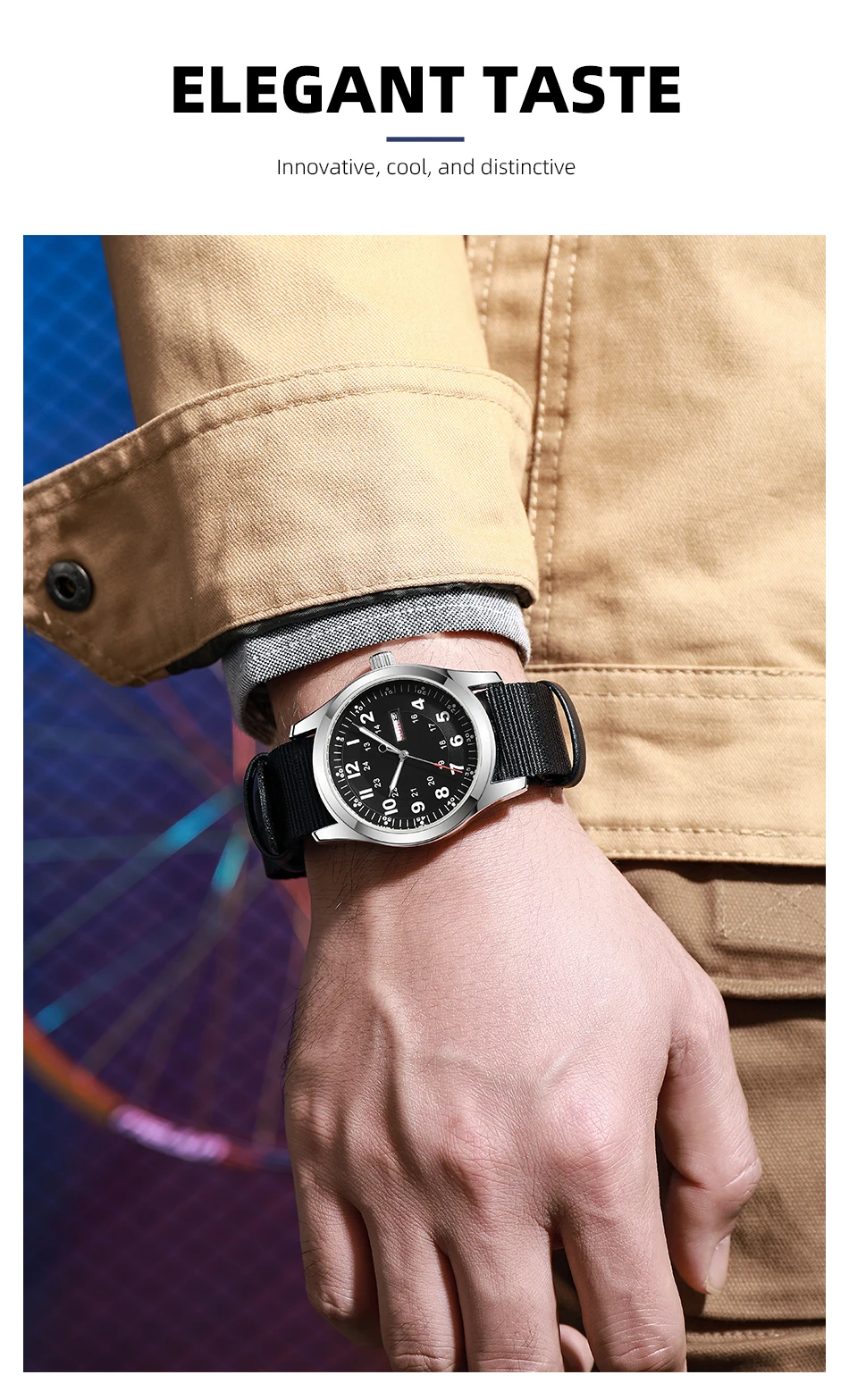 2026 Men's 42mm Watch Glow in the Dark Luminous Dial Day Date Green Canvas Strap 30M Water Proof Field Watch Khaki Strap
