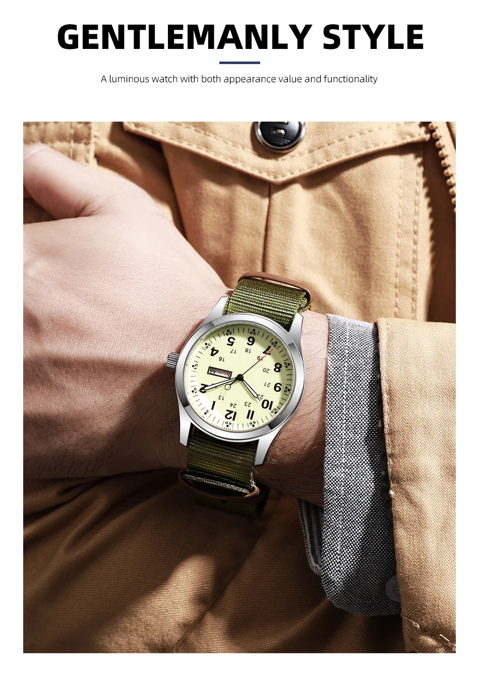 2026 Men's 42mm Watch Glow in the Dark Luminous Dial Day Date Green Canvas Strap 30M Water Proof Field Watch Khaki Strap
