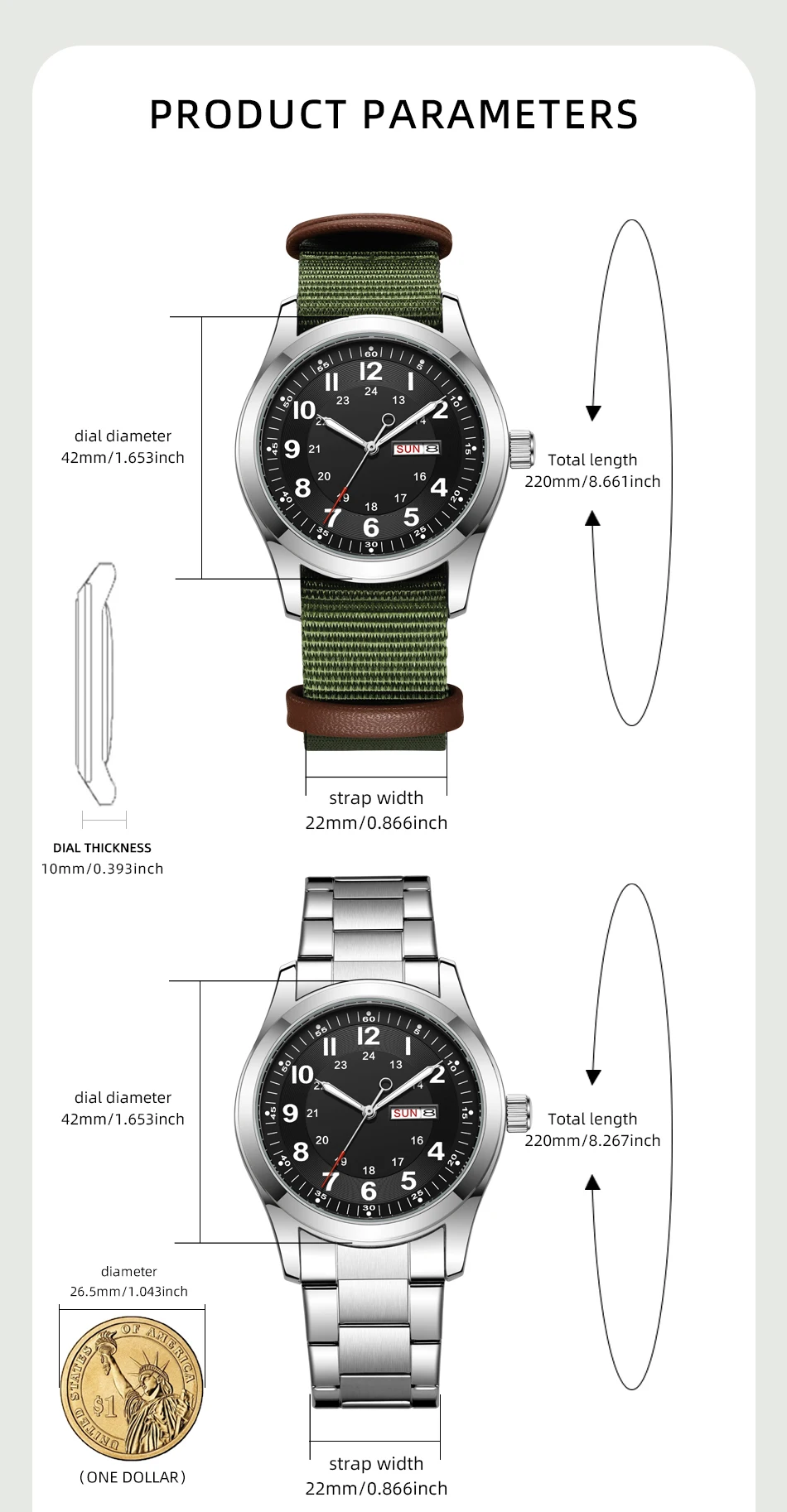 2026 Men's 42mm Watch Glow in the Dark Luminous Dial Day Date Green Canvas Strap 30M Water Proof Field Watch Khaki Strap