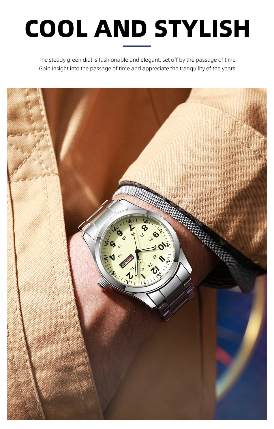 2026 Men's 42mm Watch Glow in the Dark Luminous Dial Day Date Green Canvas Strap 30M Water Proof Field Watch Khaki Strap
