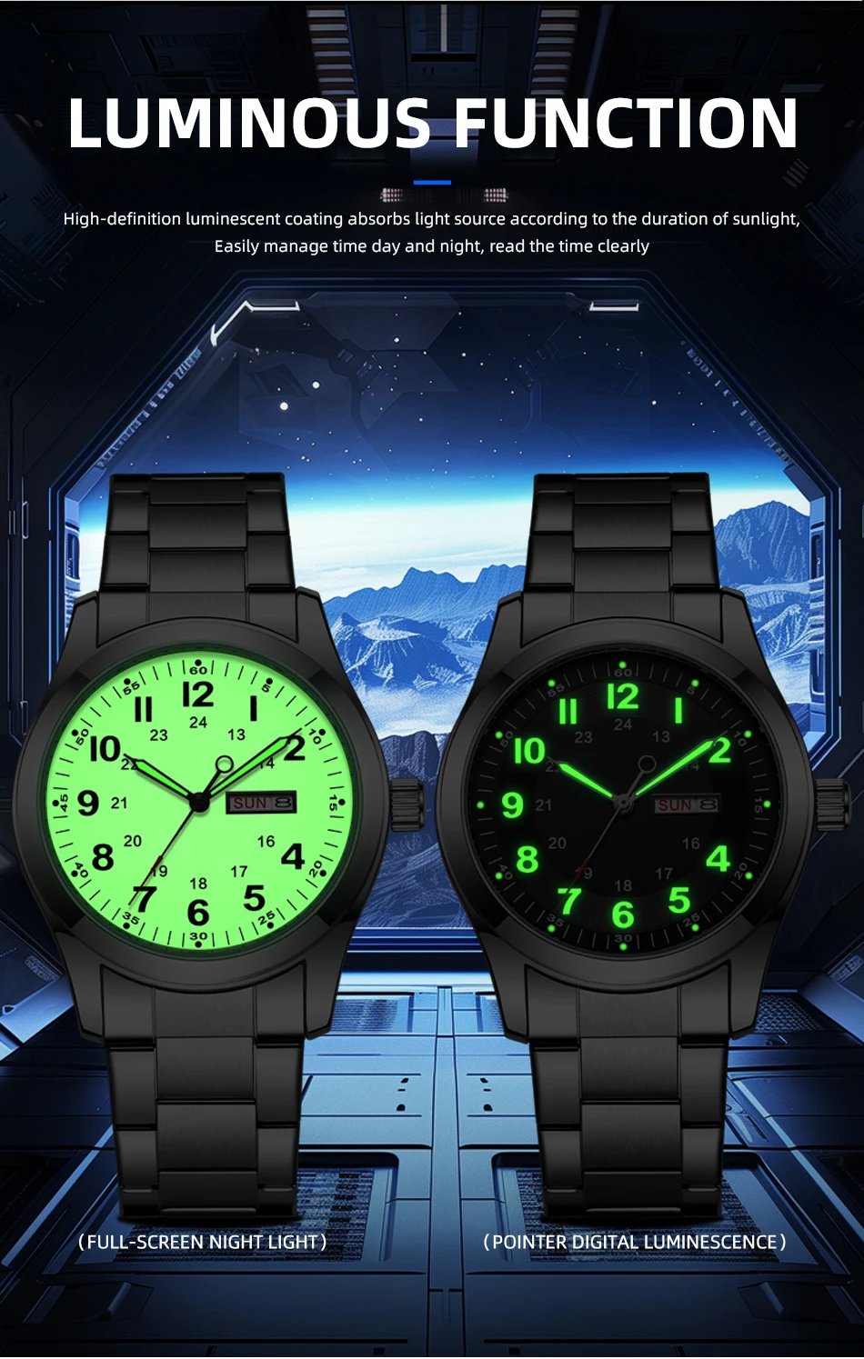 2026 Men's 42mm Watch Glow in the Dark Luminous Dial Day Date Green Canvas Strap 30M Water Proof Field Watch Khaki Strap