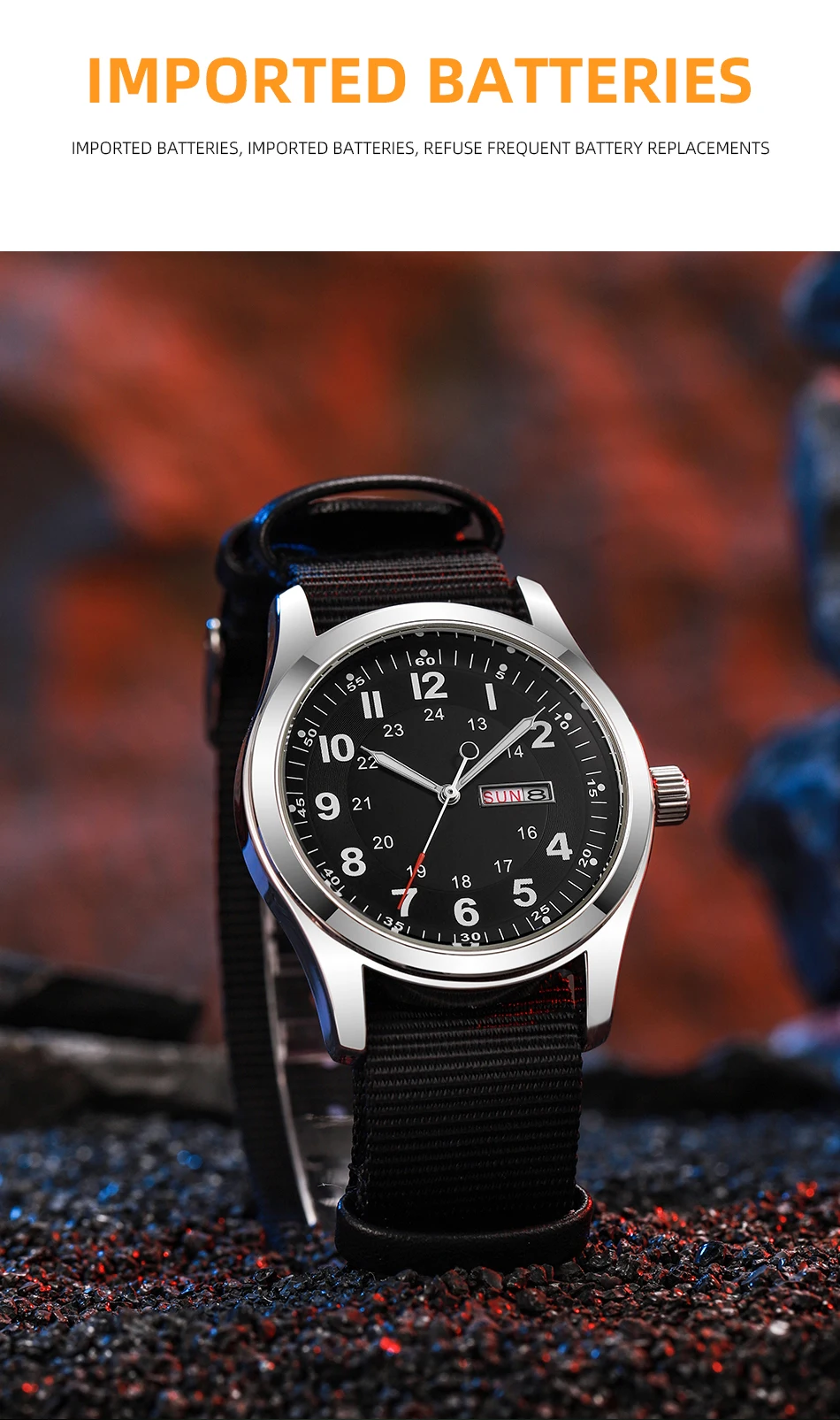 2026 Men's 42mm Watch Glow in the Dark Luminous Dial Day Date Green Canvas Strap 30M Water Proof Field Watch Khaki Strap