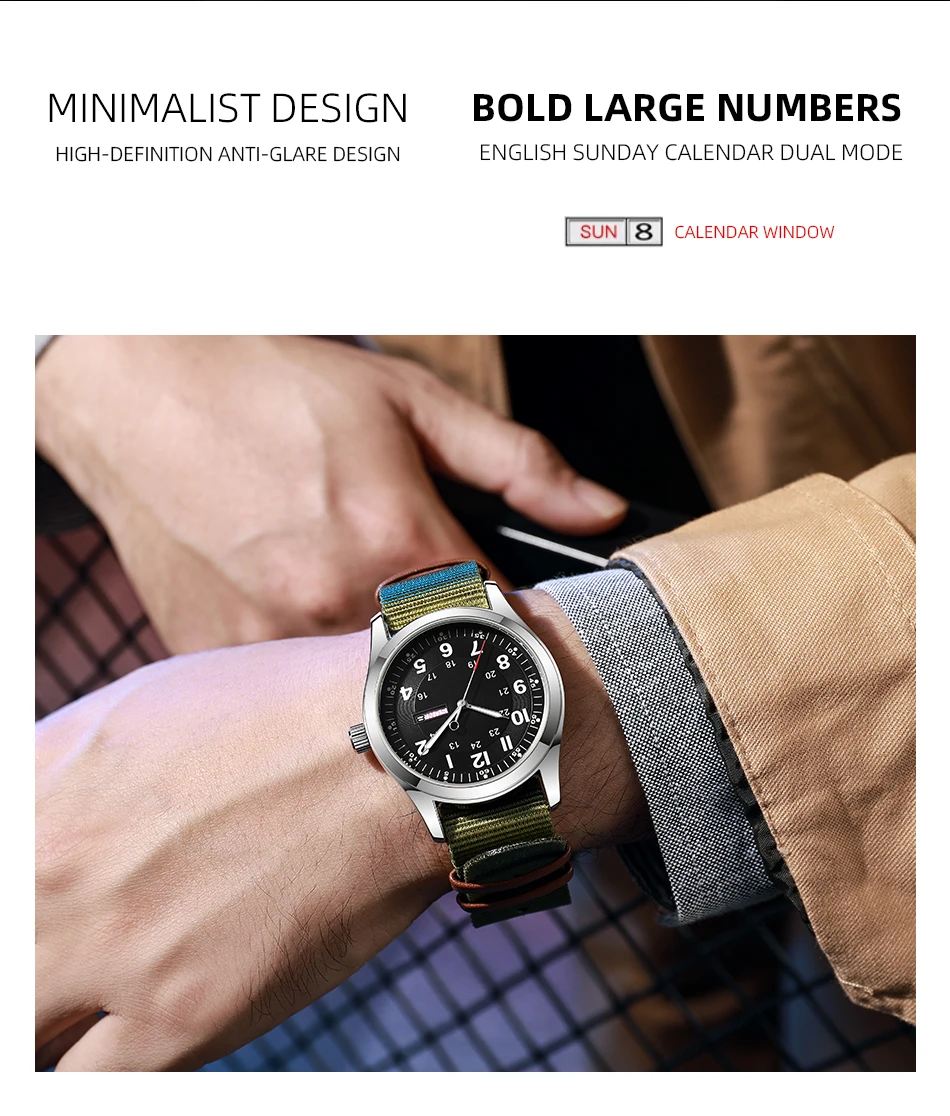 2026 Men's 42mm Watch Glow in the Dark Luminous Dial Day Date Green Canvas Strap 30M Water Proof Field Watch Khaki Strap