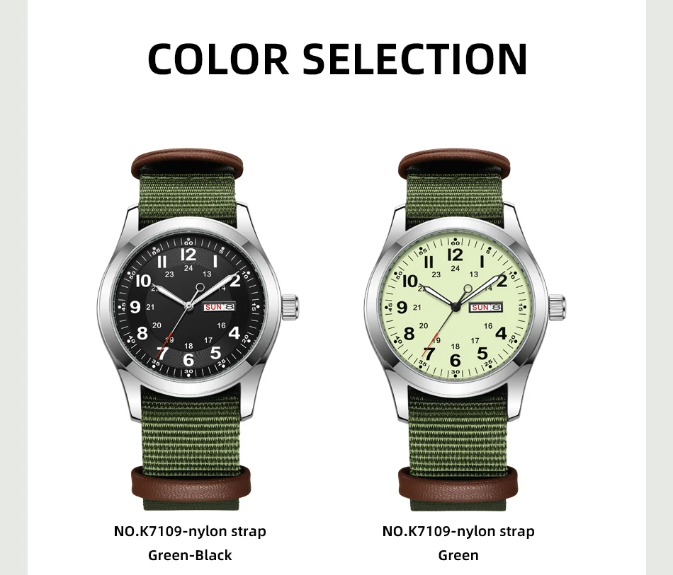 2026 Men's 42mm Watch Glow in the Dark Luminous Dial Day Date Green Canvas Strap 30M Water Proof Field Watch Khaki Strap